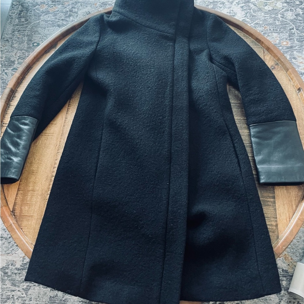 Club Monaco Black Wool Trench Coat with Leather Accents